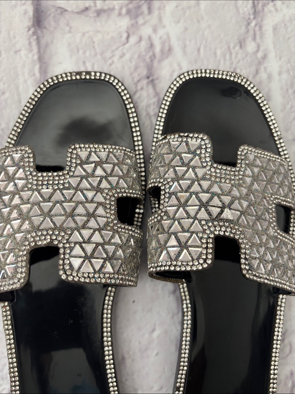 🔵H- ROUGE Black Slide Sandals with Rhinestone Trim - Picture 9 of 12